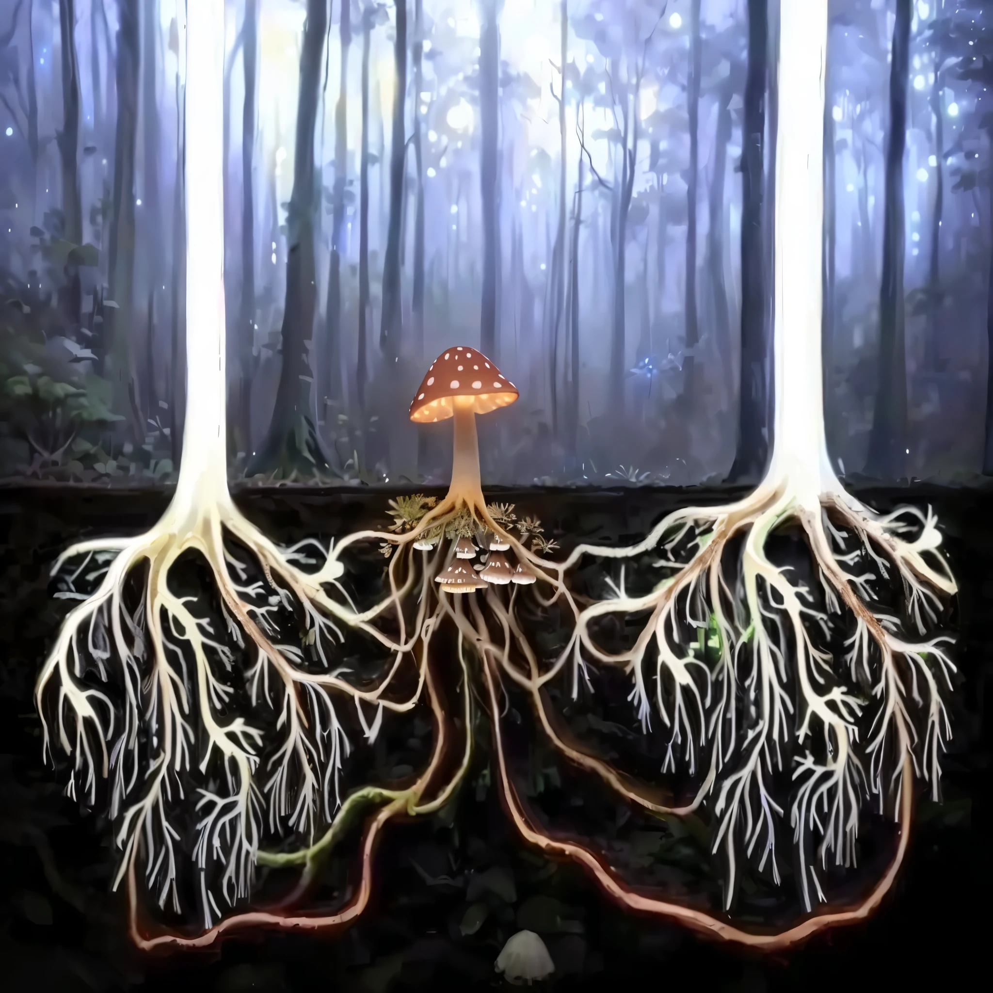 there are two trees with their roots growing out of them, root system, covered with roots, Mushrooms grow from the body, plant roots, tree roots, roots dangling below, fungal growth, micélio, roots, with arteries as roots, roots underwater, simple and strange fungus and tendrils, butress tree roots, root, fungi, rooted lineage, magic mushroom, fluorescent mushroom, illuminated mushroom, mushroom with lights, fireflies in the forest at night, fullmoon. 