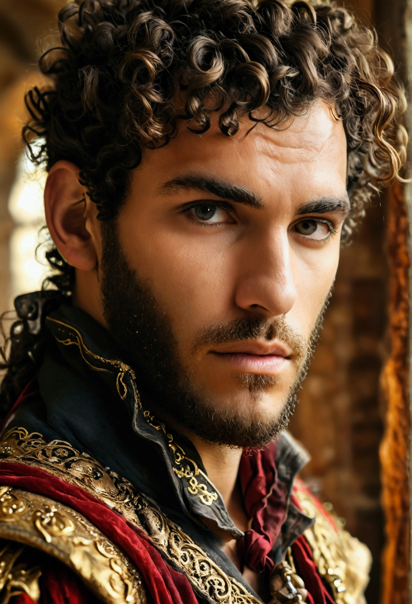 curly haired greek man, mage, pirate, romantic, sash