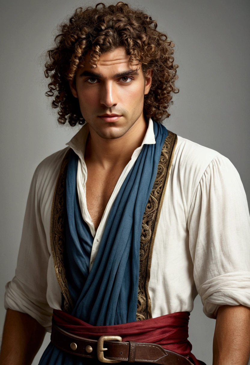 curly haired greek man, mage, pirate, romantic, sash