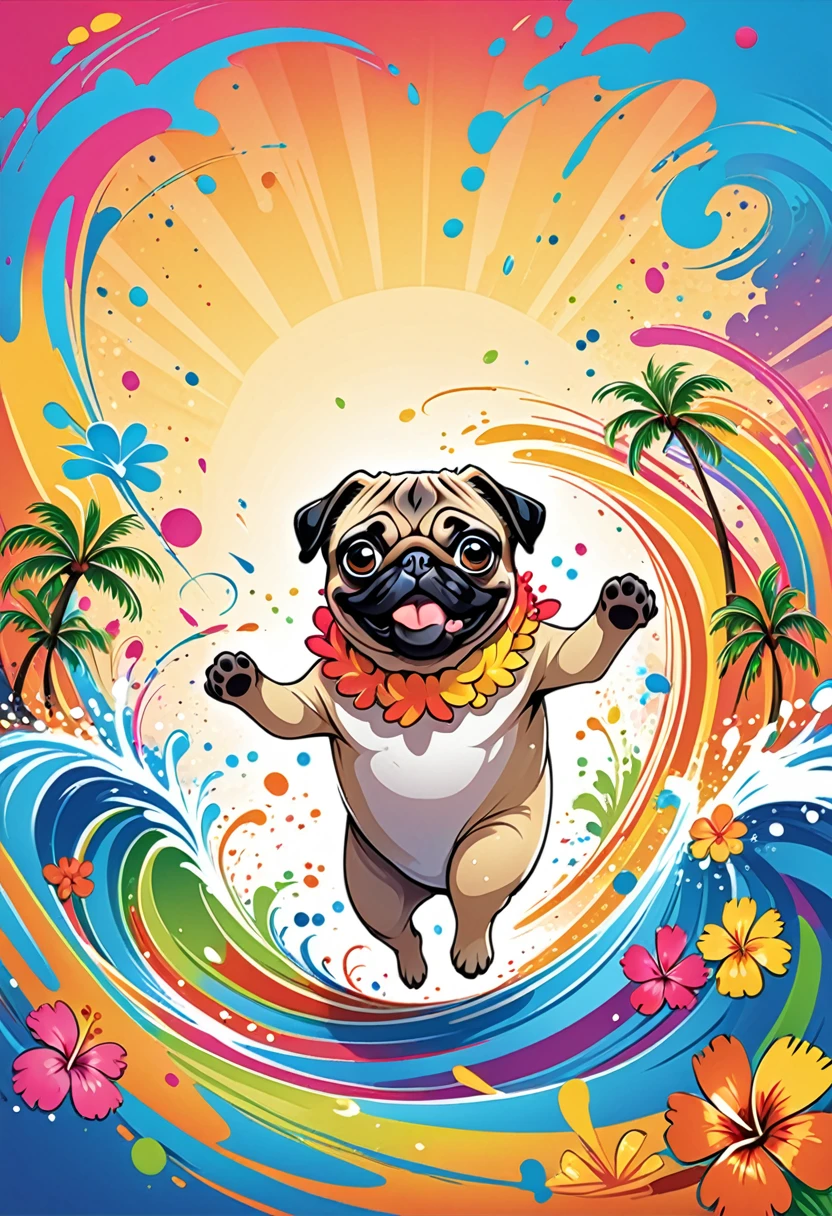 vectorial art, Color illustration of cartoon pug dog with lots of dancing, At the center, swirly vibrant colors, paint splashes and smears, high détail,Hawaii Background
