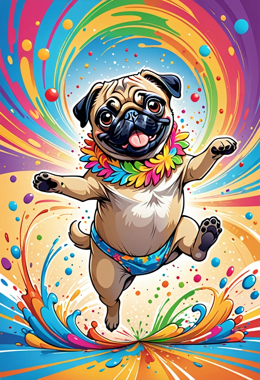 vectorial art, Color illustration of cartoon pug dog with lots of dancing, At the center, swirly vibrant colors, paint splashes and smears, high détail,Hawaii Background
