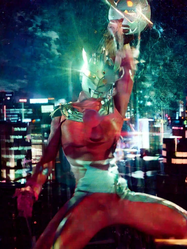 Put arms together and emit rays,40m tall Giant superhero Ultraman Taro,standing on Tokyo Japan in the dark,The same size as the building,tall and slim, portrait, fighting pose, photo high quality, realistic photo, night scene,silver helmet, glass hemisphere on chest glows, yellow eyes, forehead lamp glows,martial arts pose, slim body,long limbs,4K
