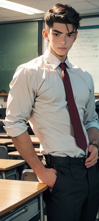 masterpiece, beauty, aesthetics, (((young man and man))) Teacher in class sits student on desk, Without pants, pressed up behind, rubs his groin against the thighs of a young man, fancy expression, seduction, molestation