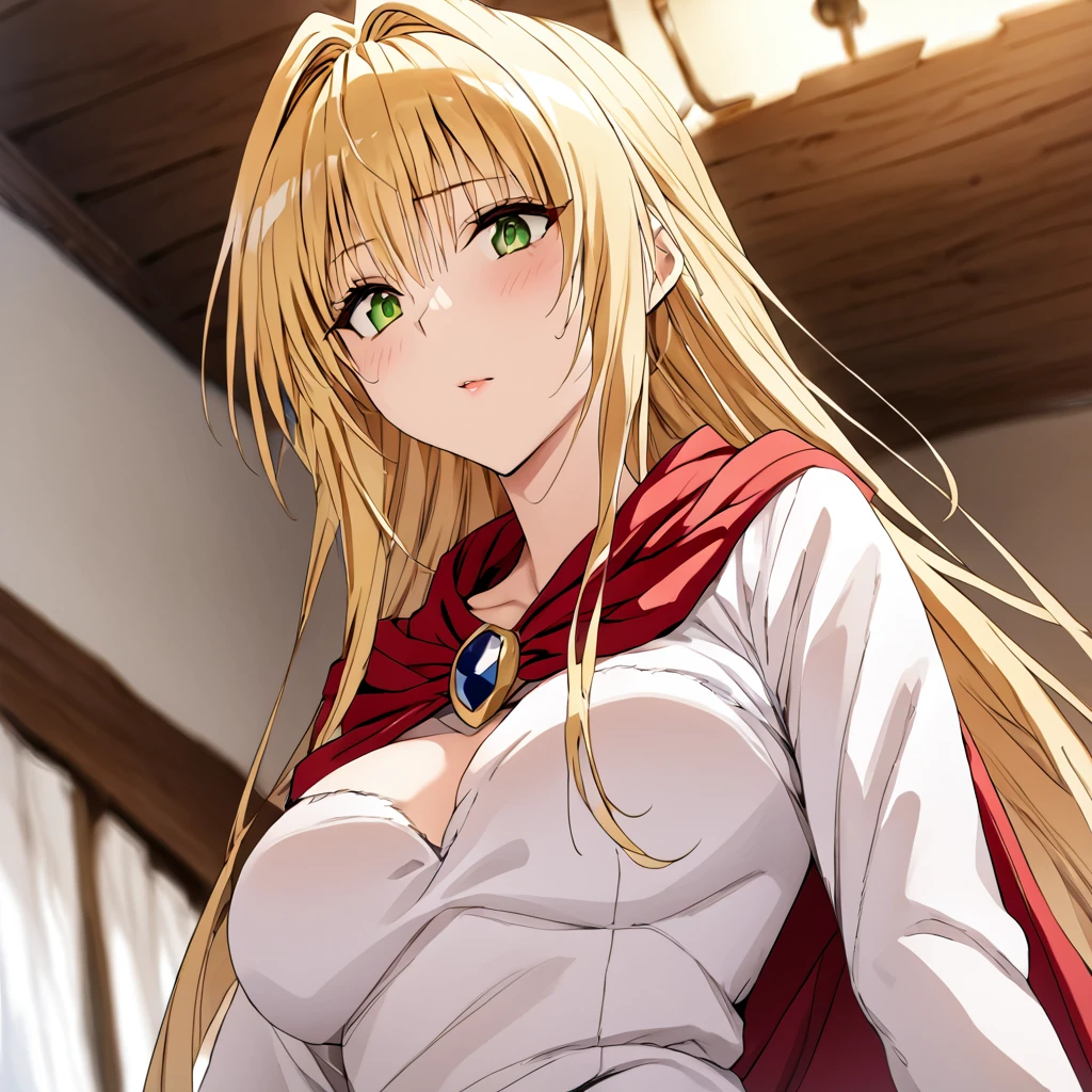 ((Highest quality)), ((masterpiece)), (detailed), （Perfect Face）、The woman is Tearju, the princess of Moonbrooke, with green eyes, medium-long blonde hair, and a white robe and red hooded cloak.