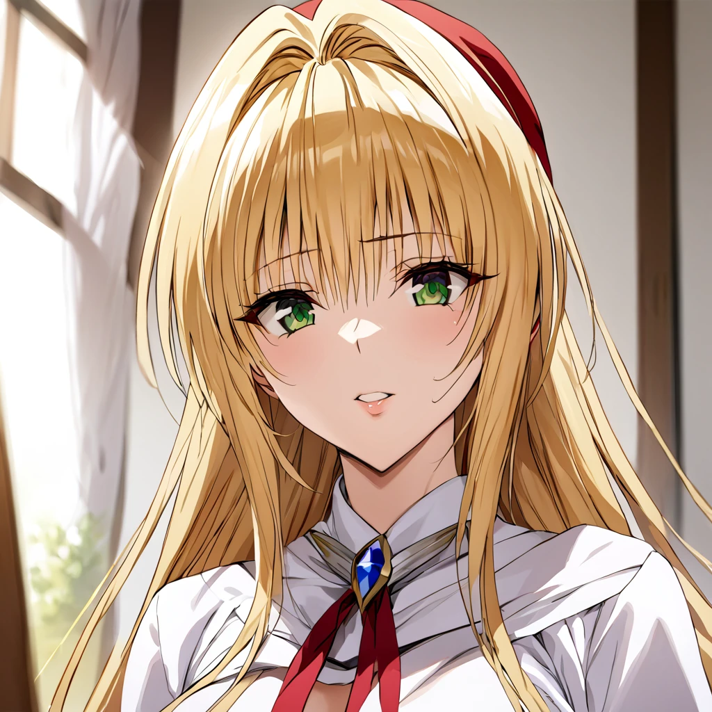 ((Highest quality)), ((masterpiece)), (detailed), （Perfect Face）、The woman is Tearju, the princess of Moonbrooke, with green eyes, medium-long blonde hair, and a white robe and red hooded cloak.