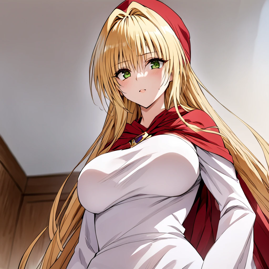 ((Highest quality)), ((masterpiece)), (detailed), （Perfect Face）、The woman is Tearju, the princess of Moonbrooke, with green eyes, medium-long blonde hair, and a white robe and red hooded cloak.