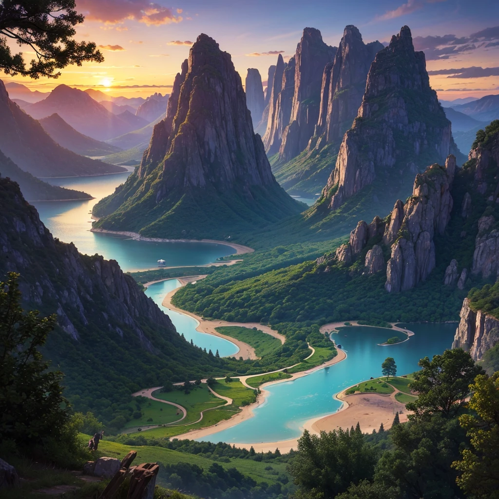 a natural landscape with a night sunset in fantasy illustration style. Use a glass of Maruchan soup as a reference