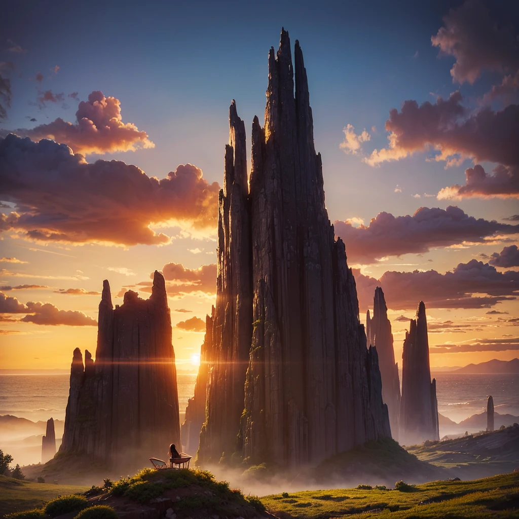 a natural landscape with a night sunset in fantasy illustration style. Use a glass of Maruchan soup as a reference