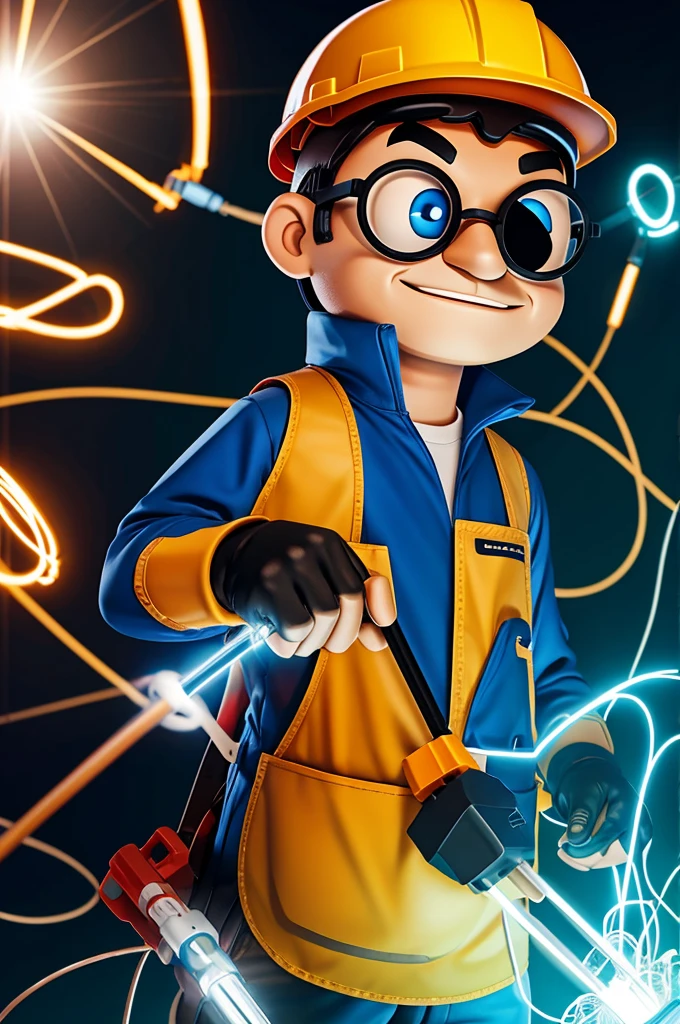 electrical worker ,animated cartoon,with lenses and electronic tools 