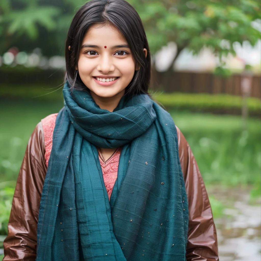 Indian attractive girl solo, happy face impressive, sari , rainy weather, background home sitting, black hair, brown eyes, height 5foot 3 Inch,