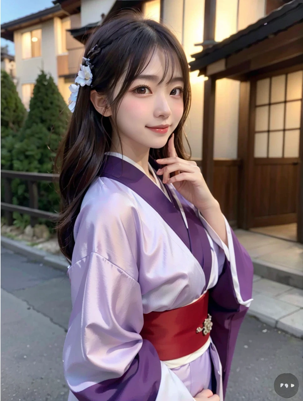 whole body, highest quality, figure, Very detailed, In detail, High resolution, 8k wallpaper, Perfect dynamic composition, Beautiful fine details, Flower pattern kimono,long Hair, Center of chest, Natural color lip, Random sexy poses,smile,Morning Shrine,Flower Hair Ornaments,Cute girlfriend