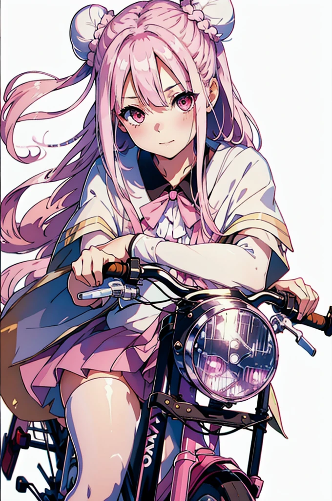 masterpiece, Highest quality, High resolution, {Detailed and beautiful eyes}, finely,  Detailed and beautiful eyes,1 Girl, (alone:1.5),  (Hair Ribbon:0.4), Pink Eyes,Cinematic Angles,perspective,(((White bun hair))),(((Long pink hair))),ride a bicycle, alone, smile,
