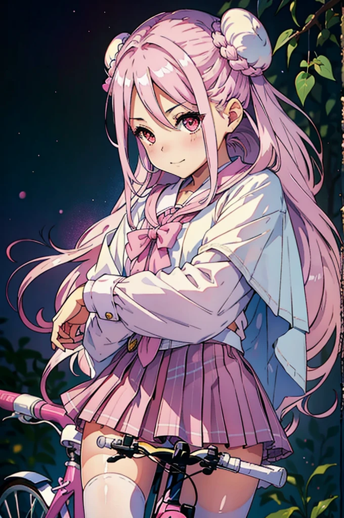masterpiece, Highest quality, High resolution, {Detailed and beautiful eyes}, finely, Detailed and beautiful eyes,1 Girl, (alone:1.5), (Hair Ribbon:0.4), Pink Eyes,Cinematic Angles,perspective,(((White bun hair))),(((Long pink hair))),ride a bicycle, alone, smile,