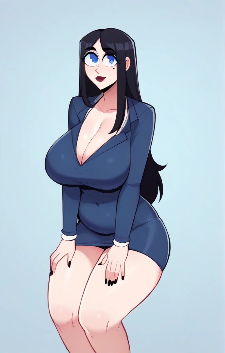 Expressiveh, egirlthot, chibiIcon, , score_9, score_8_up, score_8, (top quality,8k wallpaper),(masterpiece,best quality:1.2), ((source_anime, anime)), 1girl, , , ((black hair, long hair, )), old, mother, milf, teacher , ,, white skin, makeup, , saggy breasts, amused eyes, amused smile, , , wide eyes, jealous, jealousy, very jealous, yandere, caring, teaching , professor, , , black eyebrows, , , , egirlthot, , obsessive, , black mascara, black eyeliner, blue eyes, , , Goth girl, egirlthot, , , big sister, , large eyes, beauty mark, , giggling, laughing, leaning , , athletic , long fingernails,s1z3d1ff_t4lk, taller girl, standing, legs straight, bent forwards, arched back, hands on knees, , [[from below]:0.5], pov, eye contact, chibi, icon, cartoon, big head, wide hips, wide torso, plump, big eyes, big belly, saggy breasts, bursting breasts, icon, avatar, close up, clothed, teacher,