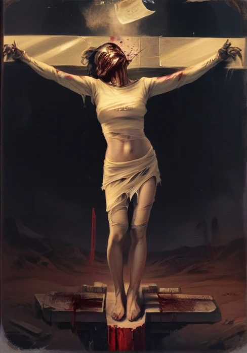 A futuristic war-torn landscape, a figure resembling Jesus with glowing eyes, blood and destruction in the background, (best quality,4k,8k,highres,masterpiece:1.2),ultra-detailed,(realistic,photorealistic,photo-realistic:1.37),digital painting,cinematic lighting,dramatic chiaroscuro,apocalyptic,dystopian,sci-fi,hyperrealism,muted color palette,gritty,intense atmosphere