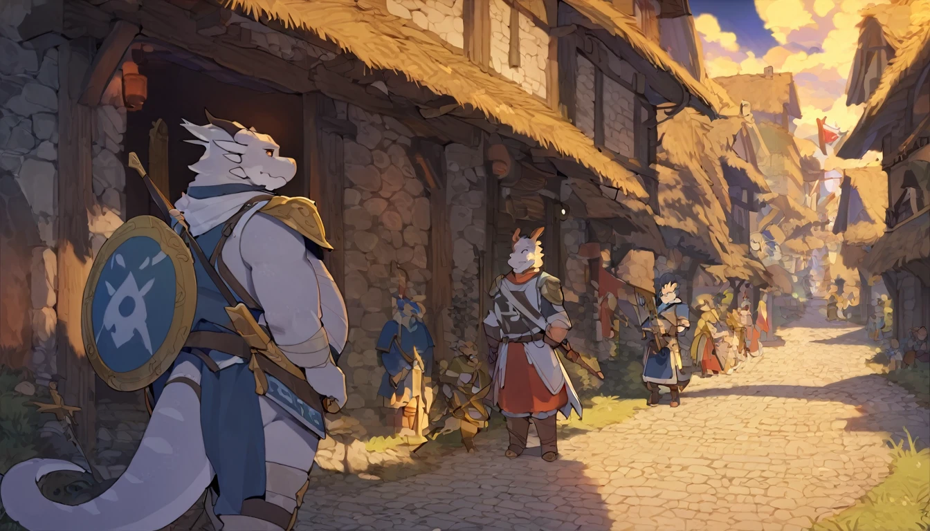 Dragon, male, furry anime,fat, chubby,main character,perfect body, detailed face,paladin,wearing Medieval adventure equipment ,A heavy greatsword on the back, Holding a large shield , medieval times, village,anthro,doujin,yaoi,fantasy world ,isekai, adventure,boukensha, masterpiece, Sinematic lighting,accurate, extremely detailed,artstation artwork,by quanjiang 