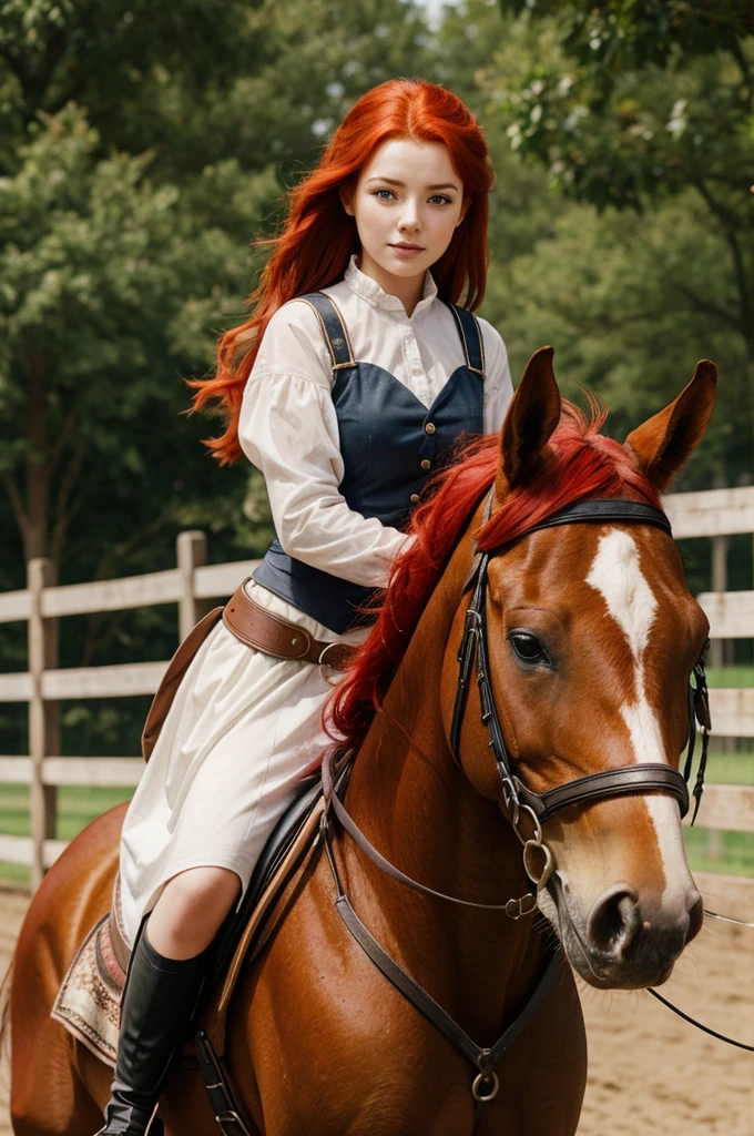 Girl with red hair on a horse