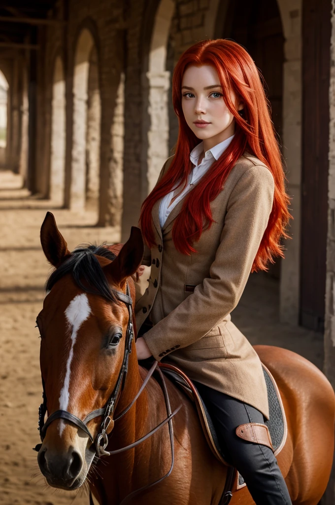 Girl with red hair on a horse