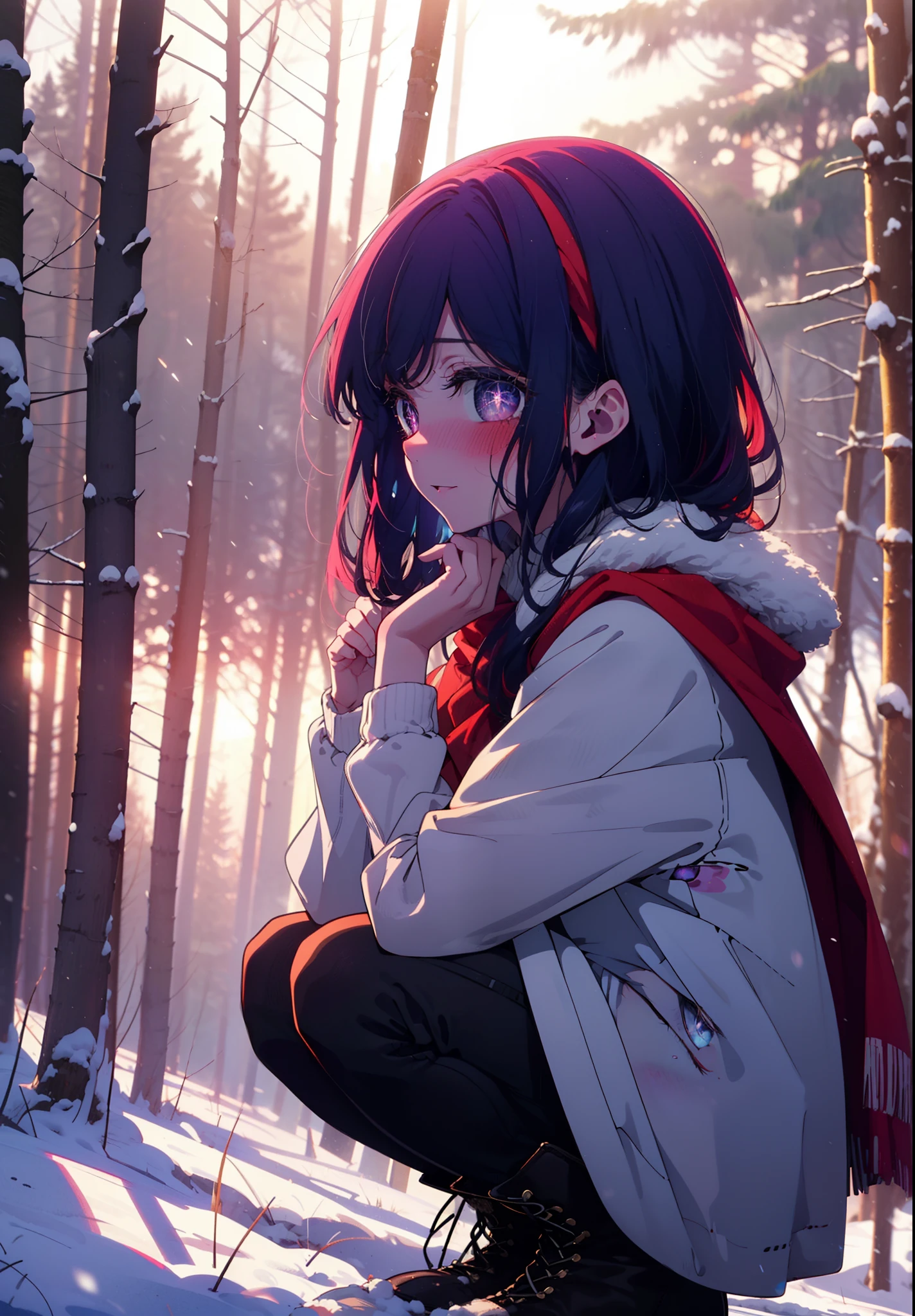 aihoshino, Ai Hoshino, Long Hair, bangs, (Purple eyes:1.1), Purple Hair, (Symbol-shaped pupil:1.5), smile,,smile,blush,White Breath,
Open your mouth,snow,Ground bonfire, Outdoor, boots, snowing, From the side, wood, suitcase, Cape, Blurred, , forest, White handbag, nature,  Squat, Mouth closed, Cape, winter, Written boundary depth, Black shoes, red Cape break looking at viewer, Upper Body, whole body, break Outdoor, forest, nature, break (masterpiece:1.2), Highest quality, High resolution, unity 8k wallpaper, (shape:0.8), (Beautiful and beautiful eyes:1.6), Highly detailed face, Perfect lighting, Extremely detailed CG, (Perfect hands, Perfect Anatomy),