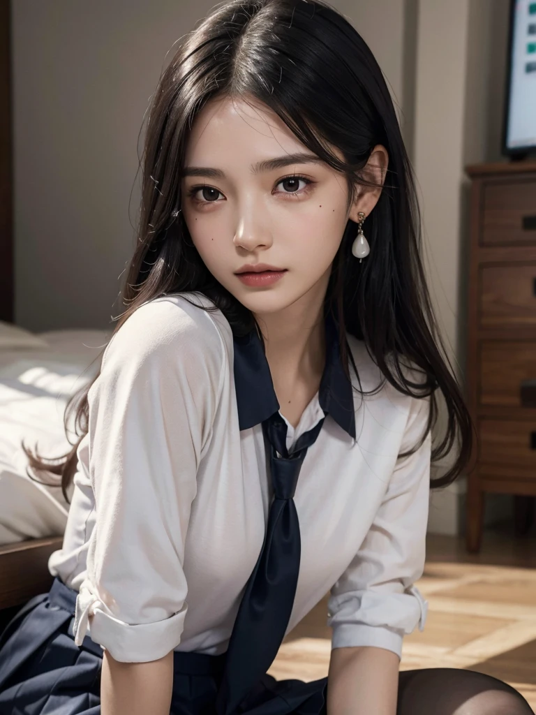absurdres, RAW photo, extremely delicate and beautiful, masterpiece, Best Quality, ultra high resolution, 32k, hyperrealistic, ultra-detailed, perfect figure, in her 20s, very small head, very small face, delicate facial features, tearful mole, earring, huge breasts, legs, full body shot, medium hair, black hair, colored inner hair, sweat, school_uniform,