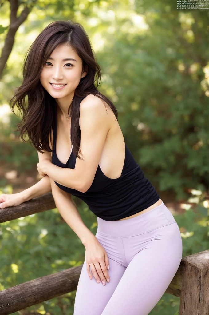 (((One girl,alone))),(Highly realistic photos, High resolution, Detailed face, Beautiful Eyes) Japanese women, 21 years old, Cute face, alone:1, Nice body, Medium chest, ,Hairstyle, Take a photo book,Leggings、Healthy Body,smile,Thighine Fujiko