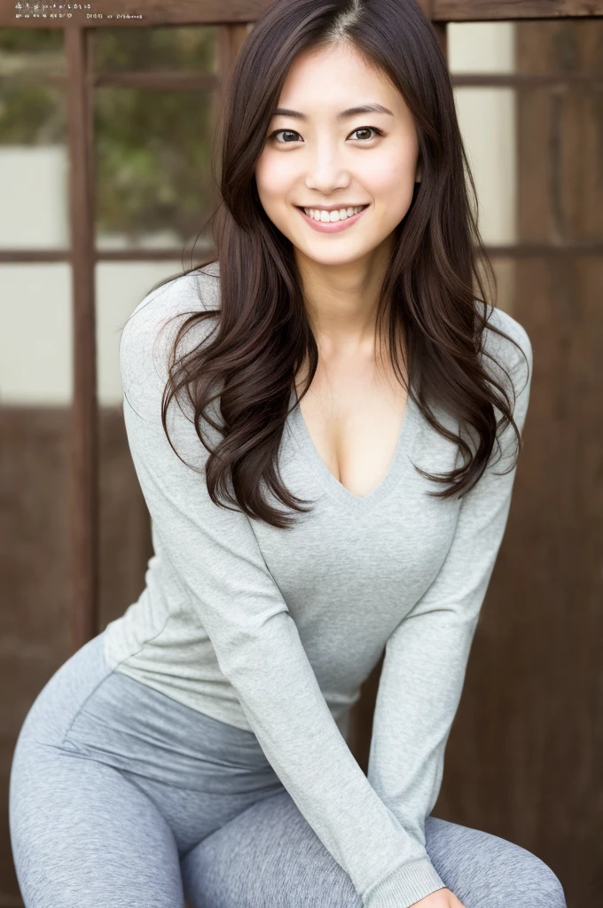 (((One girl,alone))),(Highly realistic photos, High resolution, Detailed face, Beautiful Eyes) Japanese women, 21 years old, Cute face, alone:1, Nice body, Medium chest, ,Hairstyle, Take a photo book,Leggings、Healthy Body,smile,Thighine Fujiko