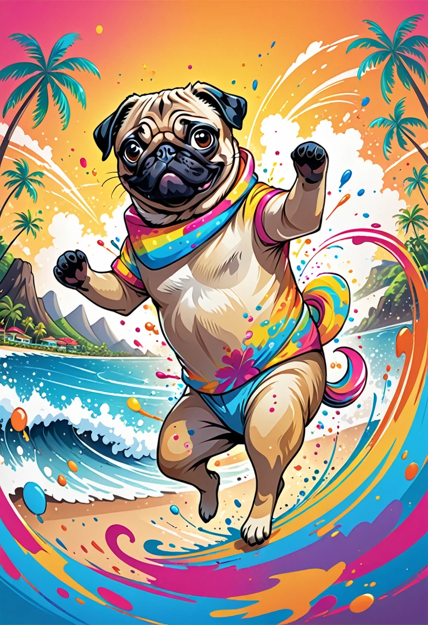 vectorial art, Color illustration of cartoon pug dog with lots of dancing, At the center, swirly vibrant colors, paint splashes and smears, high détail,Background with Hawaii island