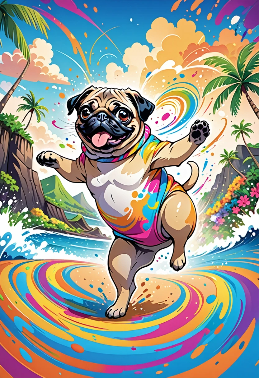 vectorial art, Color illustration of cartoon pug dog with lots of dancing, At the center, swirly vibrant colors, paint splashes and smears, high détail,Background with Hawaii island