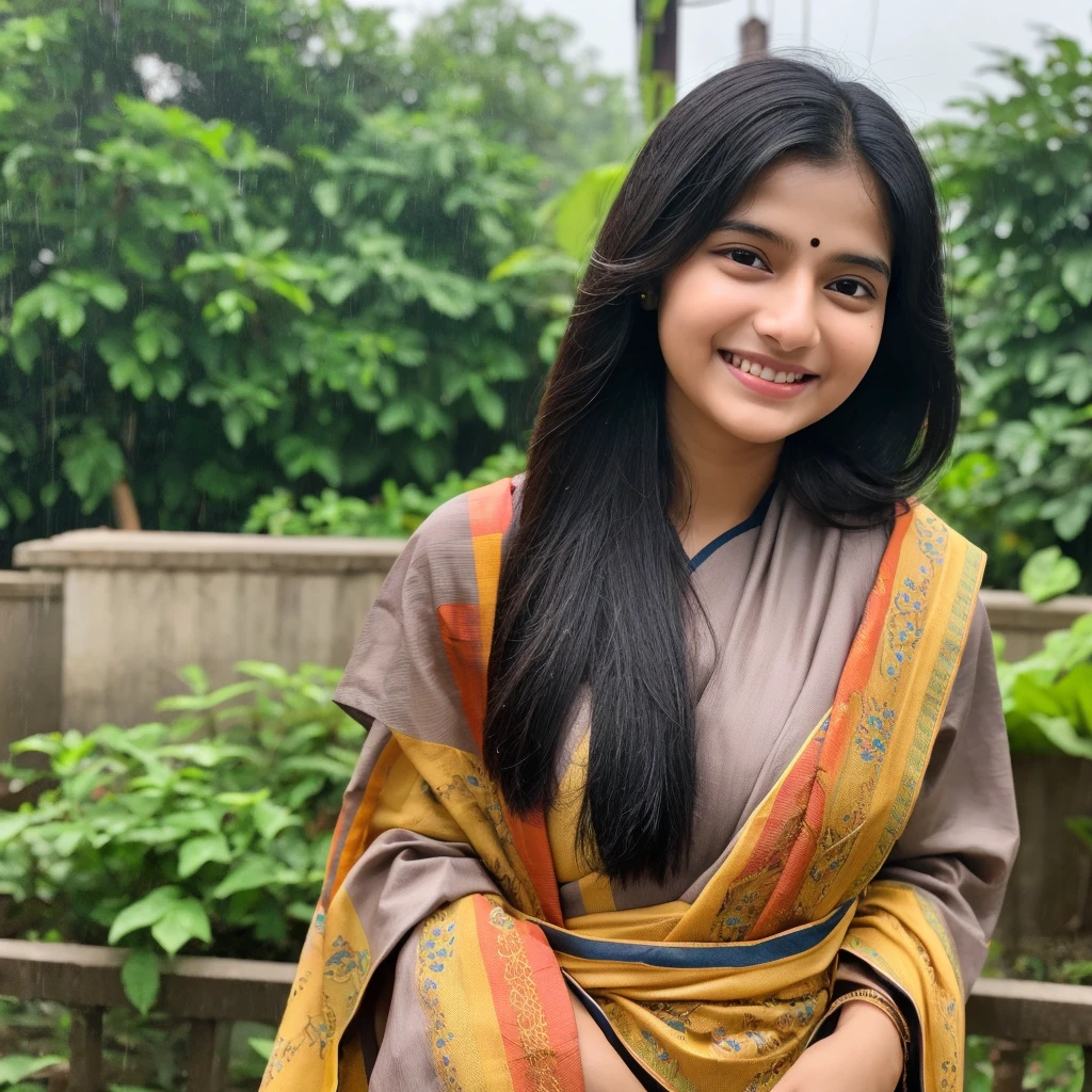 Indian attractive girl solo, happy face impressive, sari , rainy weather, background home sitting, black hair, brown eyes, height 5foot 3 Inch, 123456