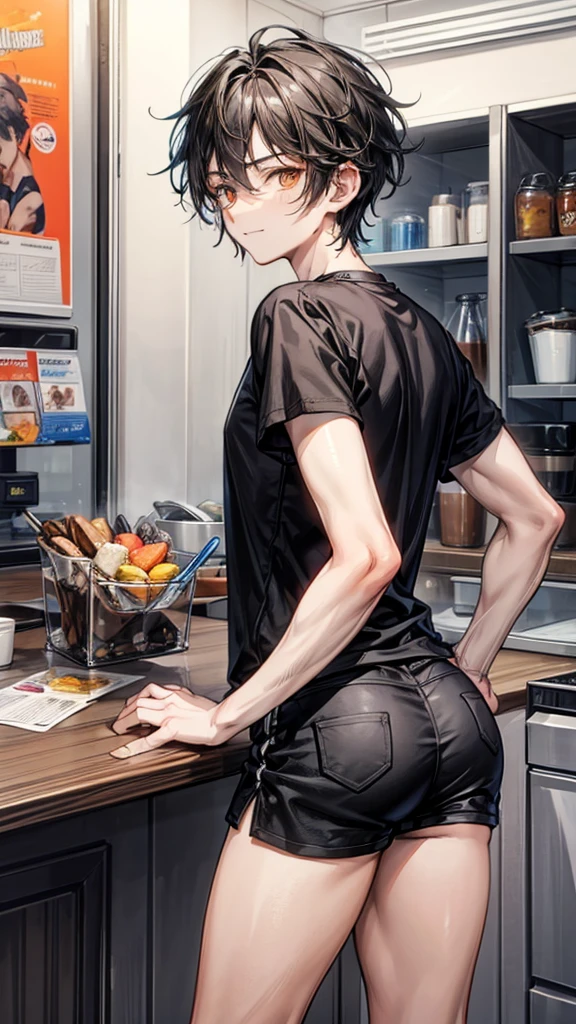 College boy, 21 years old man, handsome man, short black messy boy hair, orange eyes, black binder top, black mirco shorts, light smile, black shorts, muscular, huge ass, bent over, large thick ass, thick thighs looking back, looking at viewer, embarrassed, coffee shop, male character (1.0), flat chested, guy, man, male character, not a girl, masculine face