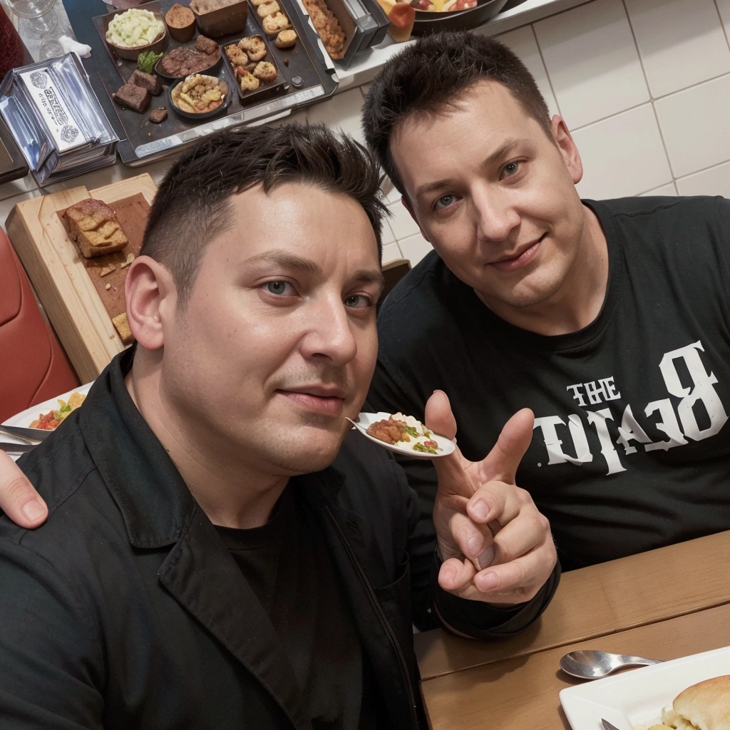 There are two men sitting at a table with a plate of food., stocky, taken at the beginning of 2020, Neil Blevins e Jordan Grimmer, black and red, Greg Rutkowski and Rob Ross, Justin Gerard e Greg Rutkowski, Ivan Shishkin e Greg Rutkowski, greg rutkowski e jakub rebelka
