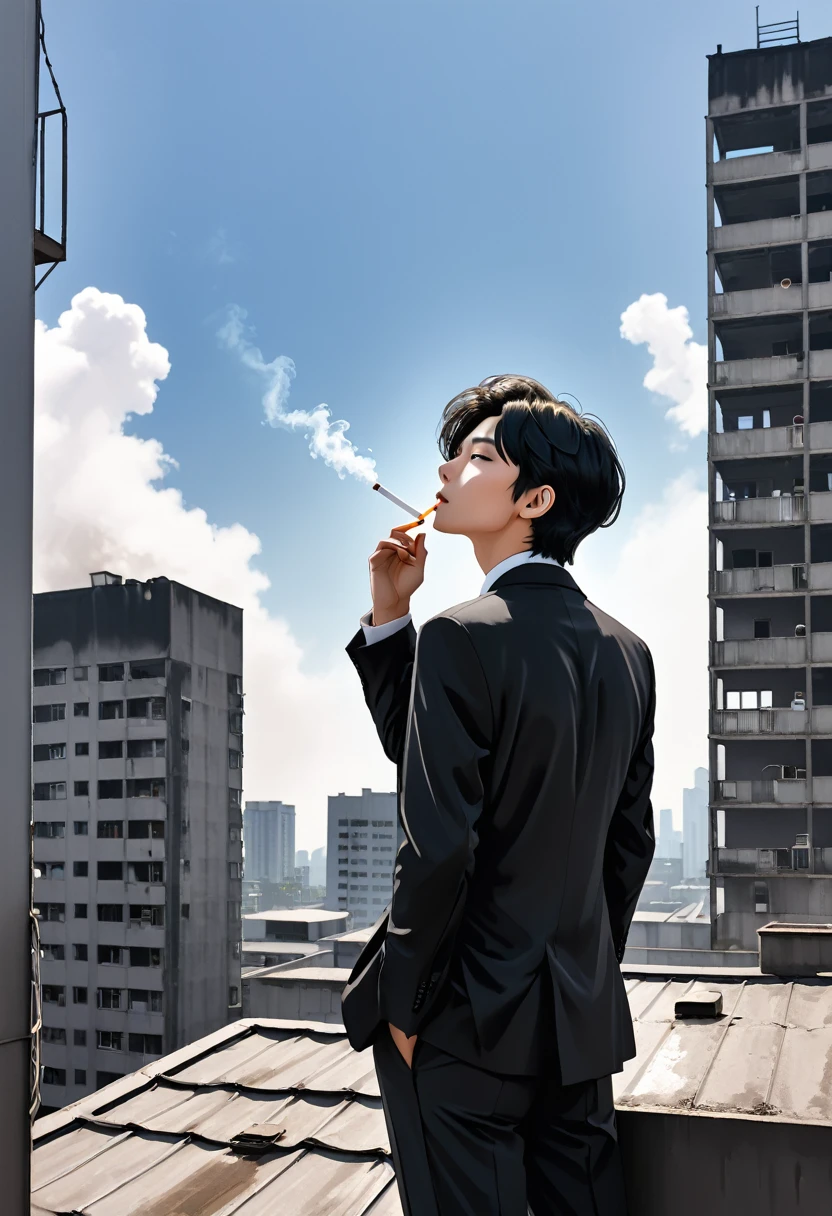 Black Suit、male、22 years old、Black Hair、Short Hair、Rooftop of a multi-tenant building、Looking up at the sky、Smoke a cigarette