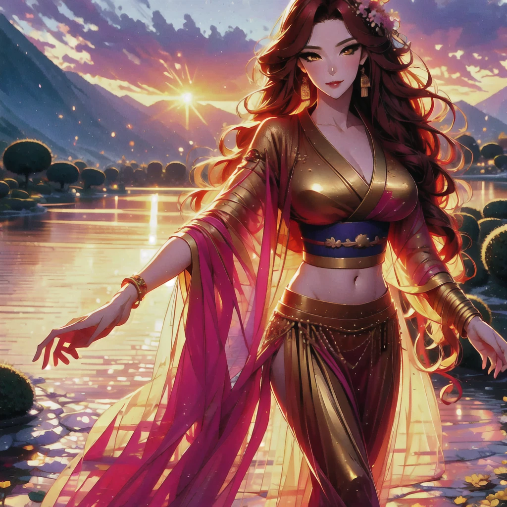 (masterpiece, best quality: 1.2), 1 female, solo, dancing alone, Xian Mei, beautiful golden eyes, long red curly hair, detailed face, beautiful face, jewelry, perfect ???????, perfect body, traditional pink-purple belly dance dress, medieval china, sexy, hot, beautiful background, belly dance, dance, beautiful dance, mountains in the background, Japanese cherry trees, daytime, sharp image, clear image, Hd resolution, quality,