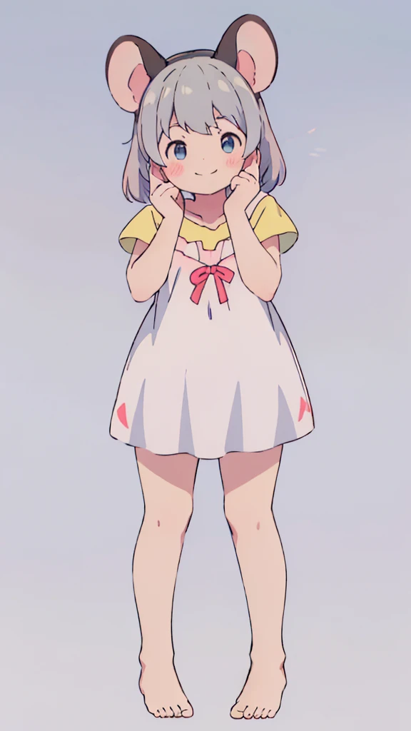 ((masterpiece))((Highest quality))Mouse Ears、girl、smile、blush、Flat Chest、Are thin、、low length、Gray Hair、blush、Are standing、Whole body image、Even your toes are visible、Eye level on face、front、No background、Mouse pose、真frontのアングル、