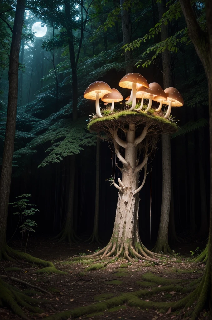 there are two trees with their roots growing out of them, root system, covered with roots, Mushrooms grow from the body, plant roots, tree roots, roots dangling below, fungal growth, micélio, roots, with arteries as roots, roots underwater, simple and strange fungus and tendrils, butress tree roots, root, fungi, rooted lineage, magic mushroom, fluorescent mushroom, illuminated mushroom, mushroom with lights, fireflies in the forest at night, fullmoon.