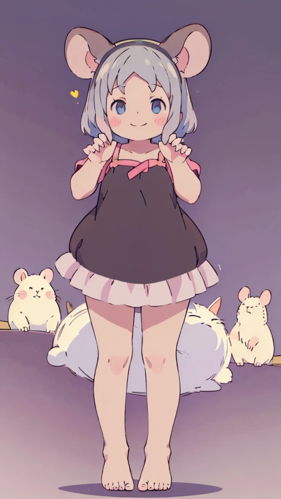 ((masterpiece))((Highest quality))Mouse Ears、girl、smile、blush、Flat Chest、Are thin、、low length、Gray Hair、blush、Are standing、Whole body image、Even your toes are visible、Eye level on face、front、No background、Mouse pose、真frontのアングル、