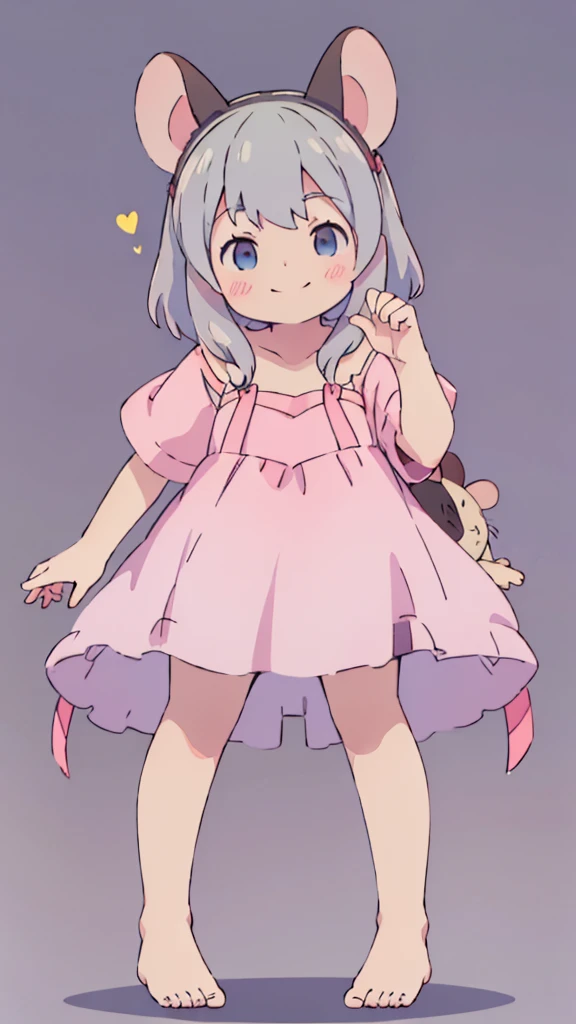 ((masterpiece))((Highest quality))Mouse Ears、girl、smile、blush、Flat Chest、Are thin、、low length、Gray Hair、blush、Are standing、Whole body image、Even your toes are visible、Eye level on face、front、No background、Mouse pose、真frontのアングル、