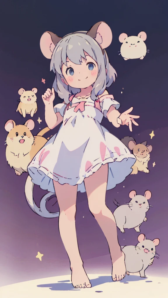 ((masterpiece))((Highest quality))Mouse Ears、girl、smile、blush、Flat Chest、Are thin、、low length、Gray Hair、blush、Are standing、Whole body image、Even your toes are visible、Eye level on face、front、No background、Mouse pose、真frontのアングル、