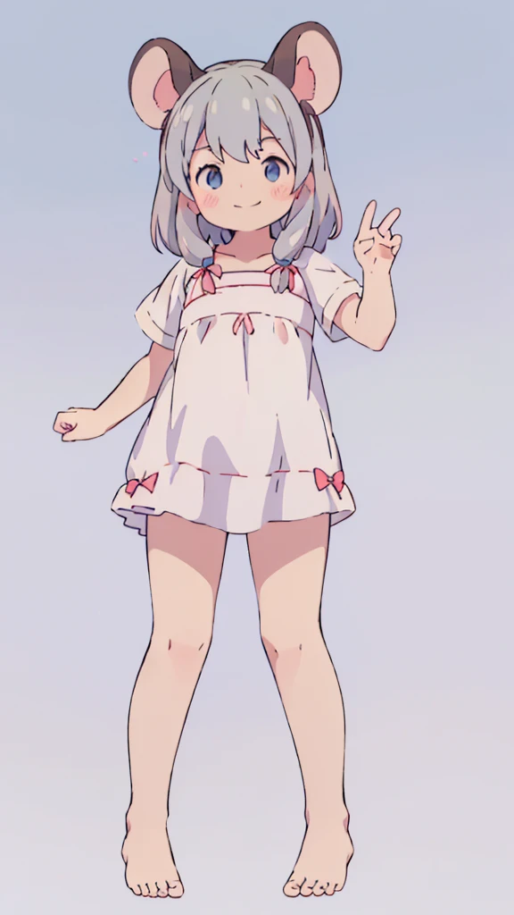 ((masterpiece))((Highest quality))Mouse Ears、girl、smile、blush、Flat Chest、Are thin、、low length、Gray Hair、blush、Are standing、Whole body image、Even your toes are visible、Eye level on face、front、No background、Mouse pose、真frontのアングル、