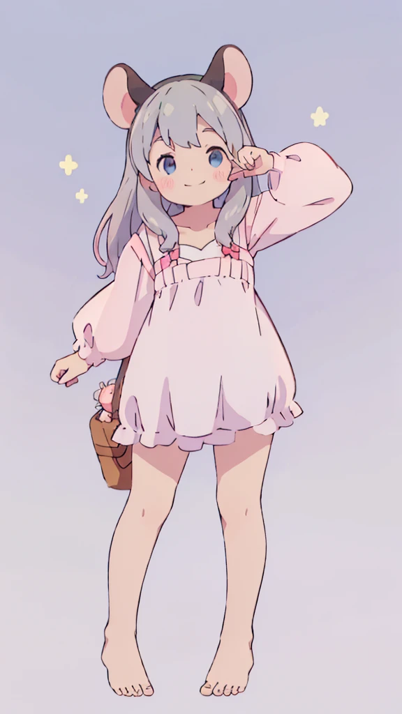 ((masterpiece))((Highest quality))Mouse Ears、girl、smile、blush、Flat Chest、Are thin、、low length、Gray Hair、blush、Are standing、Whole body image、Even your toes are visible、Eye level on face、front、No background、Mouse pose、真frontのアングル、