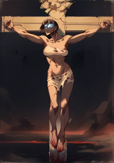 A futuristic war-torn landscape, Jesus with glowing eyes, blood and destruction in the background
