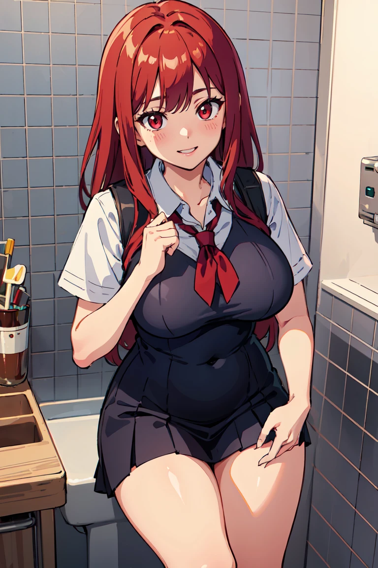masterpiece, best quality, highly detailed background, perfect lighting, best quality, (extremely detailed face), volumetric lighting, intricate details, shadow, tonemapping, sharp focus, hyper detailed, trending on Artstation, (solo), (Background in the bathroom) .Girl with long red hair. Red eyes. Sexy. curvy. Blush, Clear skin. Belly in sight. Big bust. Smile, ((with school report)) ((Dressed as a schoolgirl)) 