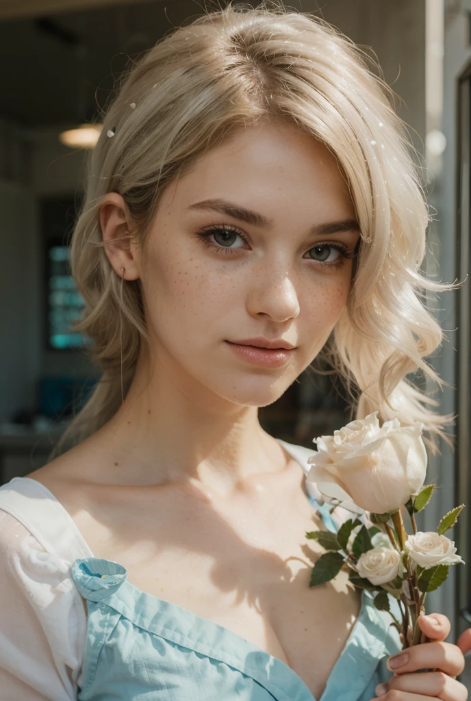 Beautiful detailed white hair, light freckles around her nose