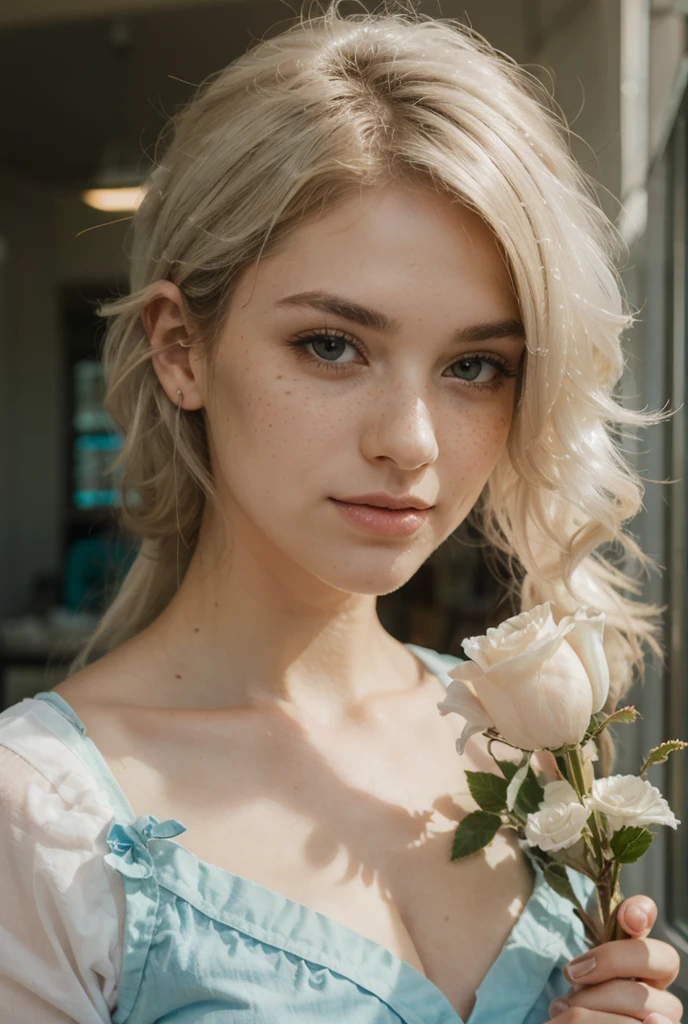 Beautiful detailed white hair, light freckles around her nose