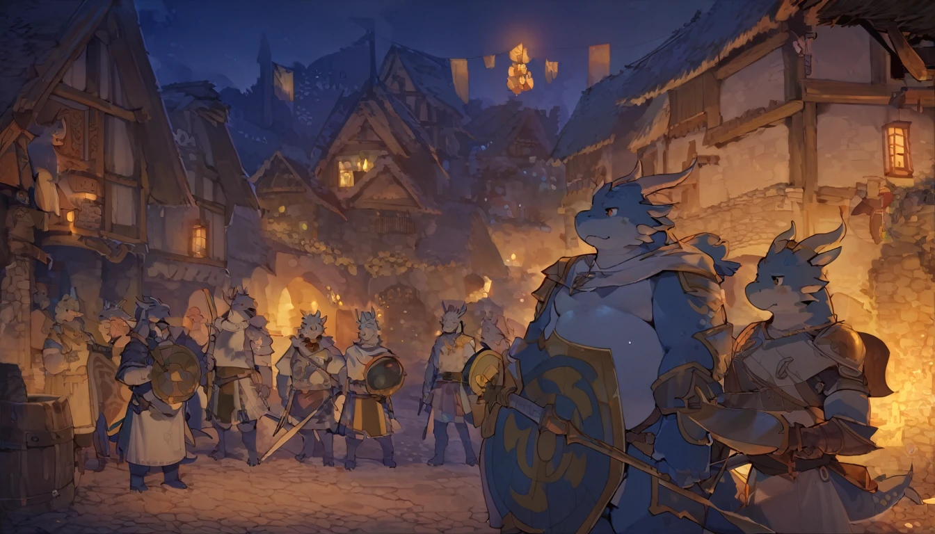 Dragon, male, furry anime,fat, chubby,main character,perfect body, detailed face,paladin,wearing Medieval adventure equipment ,A heavy greatsword on the back, Holding a large shield , medieval times, village,anthro,doujin,yaoi,fantasy world ,isekai, adventure,boukensha, masterpiece, Sinematic lighting,accurate, extremely detailed,artstation artwork,by quanjiang
