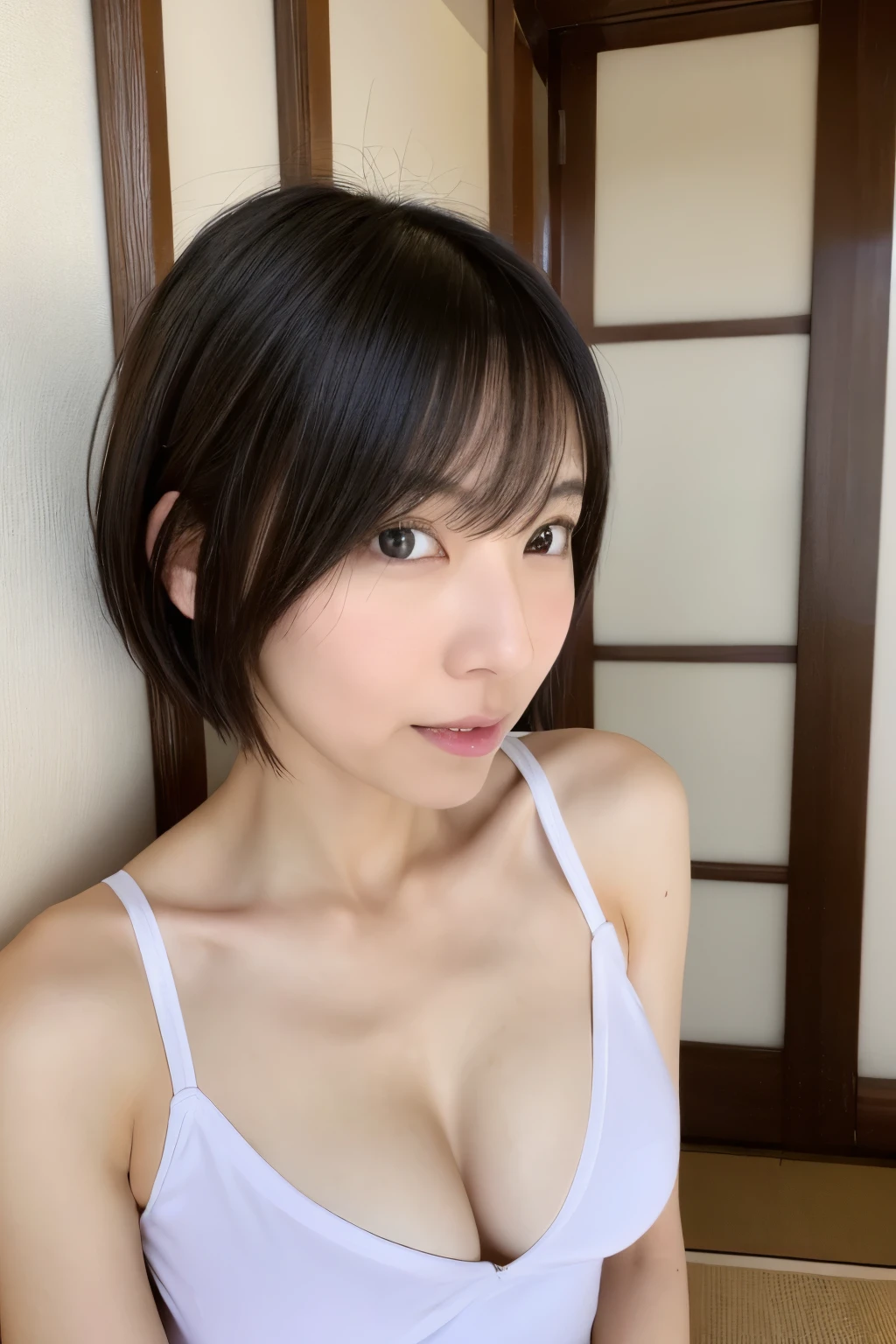 Masterpiece, high quality, high resolution, 8K, A skinny Japanese wife, 40 years old, cute face, detailed face, detailed eyes, short hair, very small breasts, thin waist, a photo captured a sexy moment of conjugal life, 