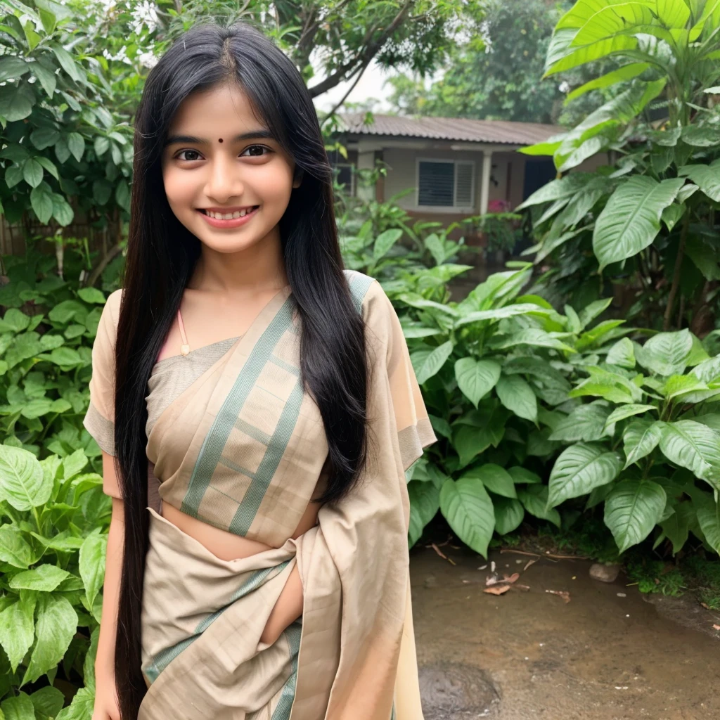 Indian attractive girl solo, happy face impressive, sari , rainy weather, background home sitting, black hair, brown eyes, height 5foot 3 Inch, 1234