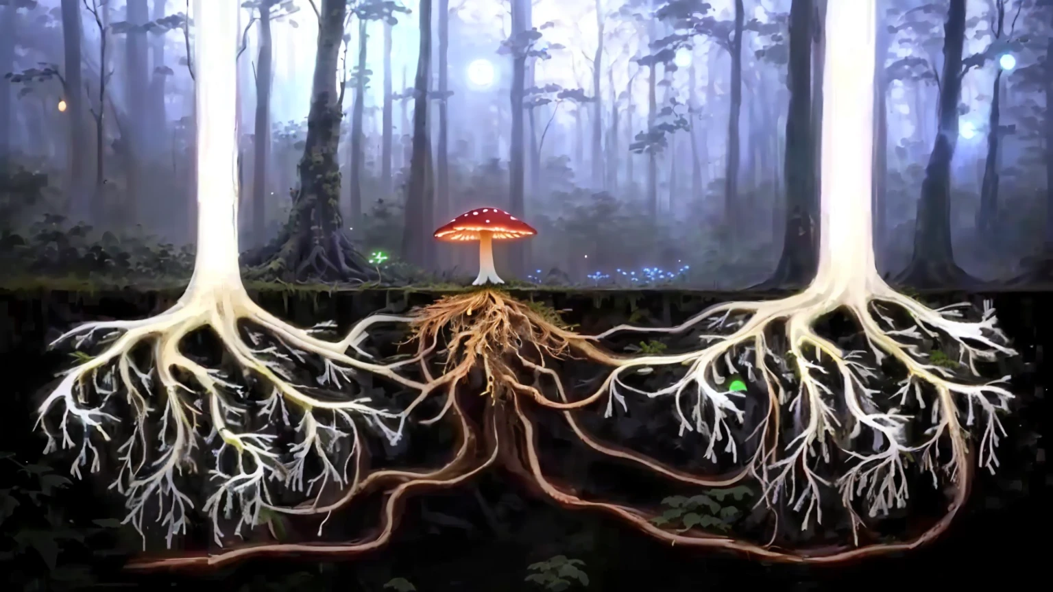 there are two trees with their roots growing out of them, root system, covered with roots, Mushrooms grow from the body, plant roots, tree roots, roots dangling below, fungal growth, micélio, roots, with arteries as roots, roots underwater, simple and strange fungus and tendrils, butress tree roots, root, fungi, rooted lineage, magic mushroom, fluorescent mushroom, illuminated mushroom, mushroom with lights, fireflies in the forest at night, fullmoon. 