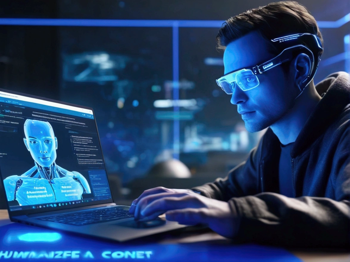 A realistic image of a content creator working on a laptop with a holographic interface showing humanized content being generated by AI. The text "Using AI for Humanized Content for Over a Year" is displayed at the top in blue. The background should depict a modern workspace with blue highlights, focusing on the integration of human touch in AI-generated content.