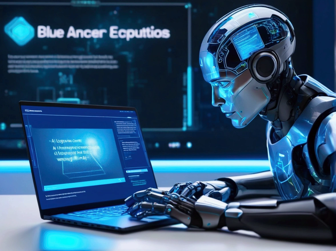 A realistic image of a content creator working on a laptop with a holographic interface showing humanized content being generated by AI. The text "Using AI for Humanized Content for Over a Year" is displayed at the top in blue. The background should depict a modern workspace with blue highlights, focusing on the integration of human touch in AI-generated content.